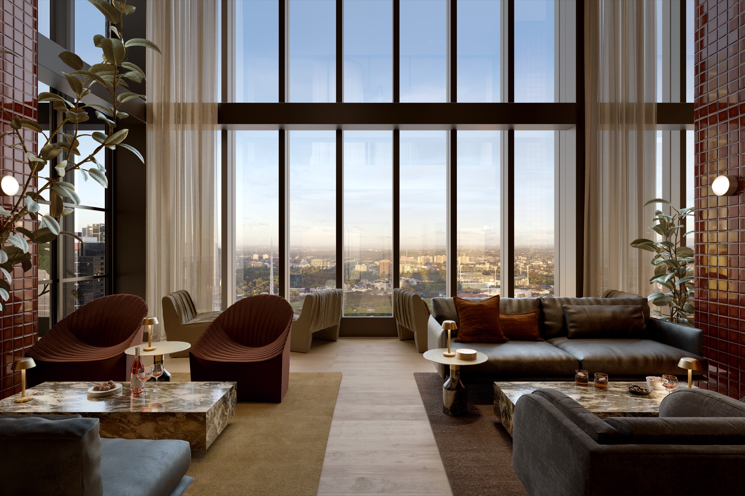 The double-height Meridian Club grand lounge on Level 49