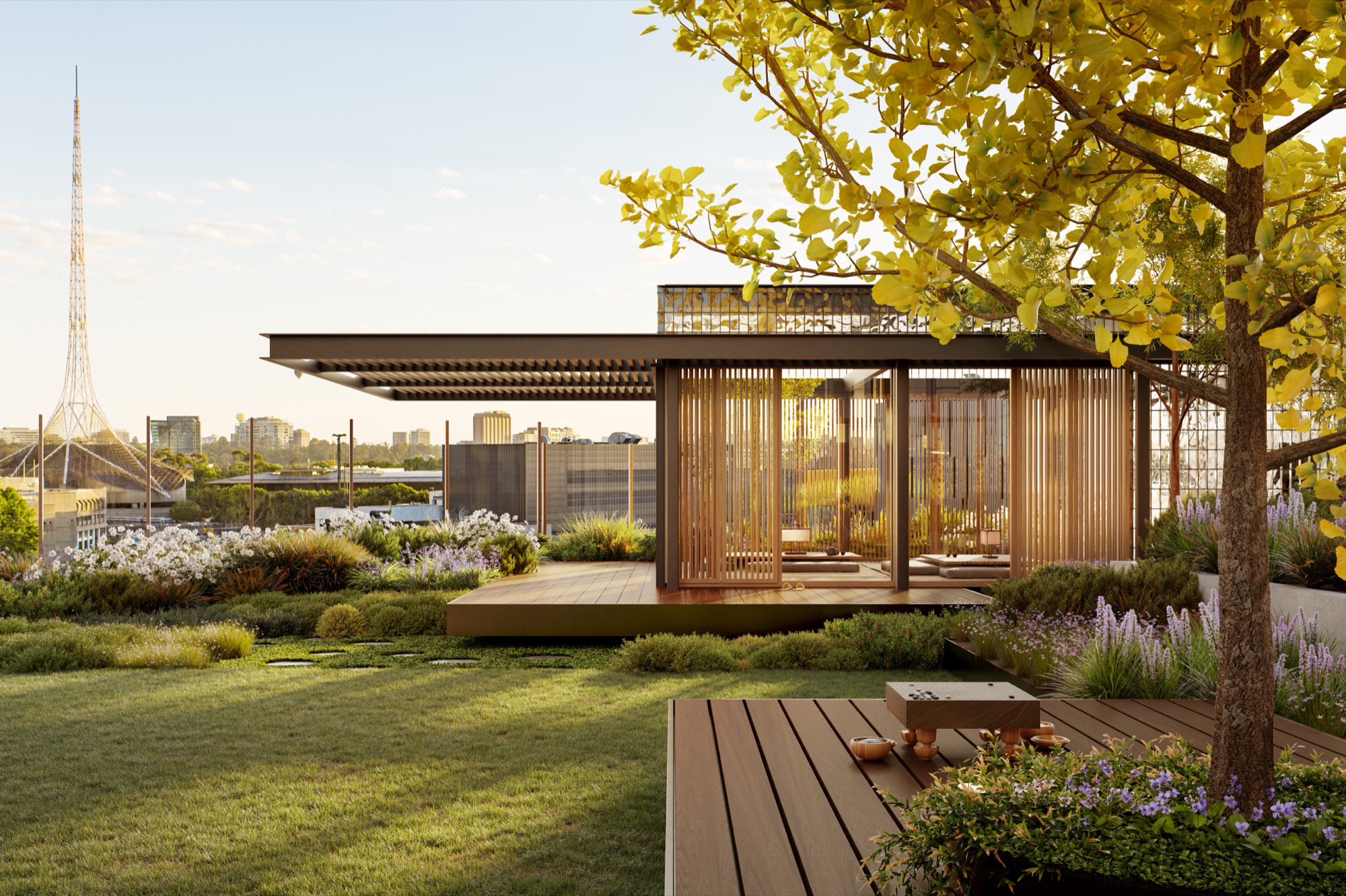 The rooftop Japanese garden with a teahouse pavilion
