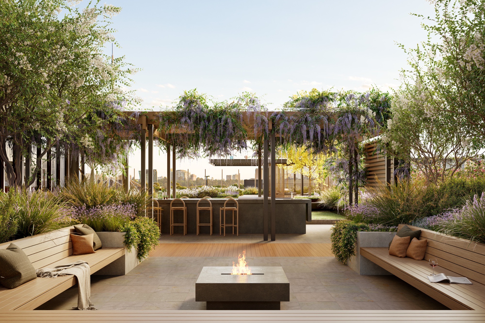An outdoor lounge among the planting