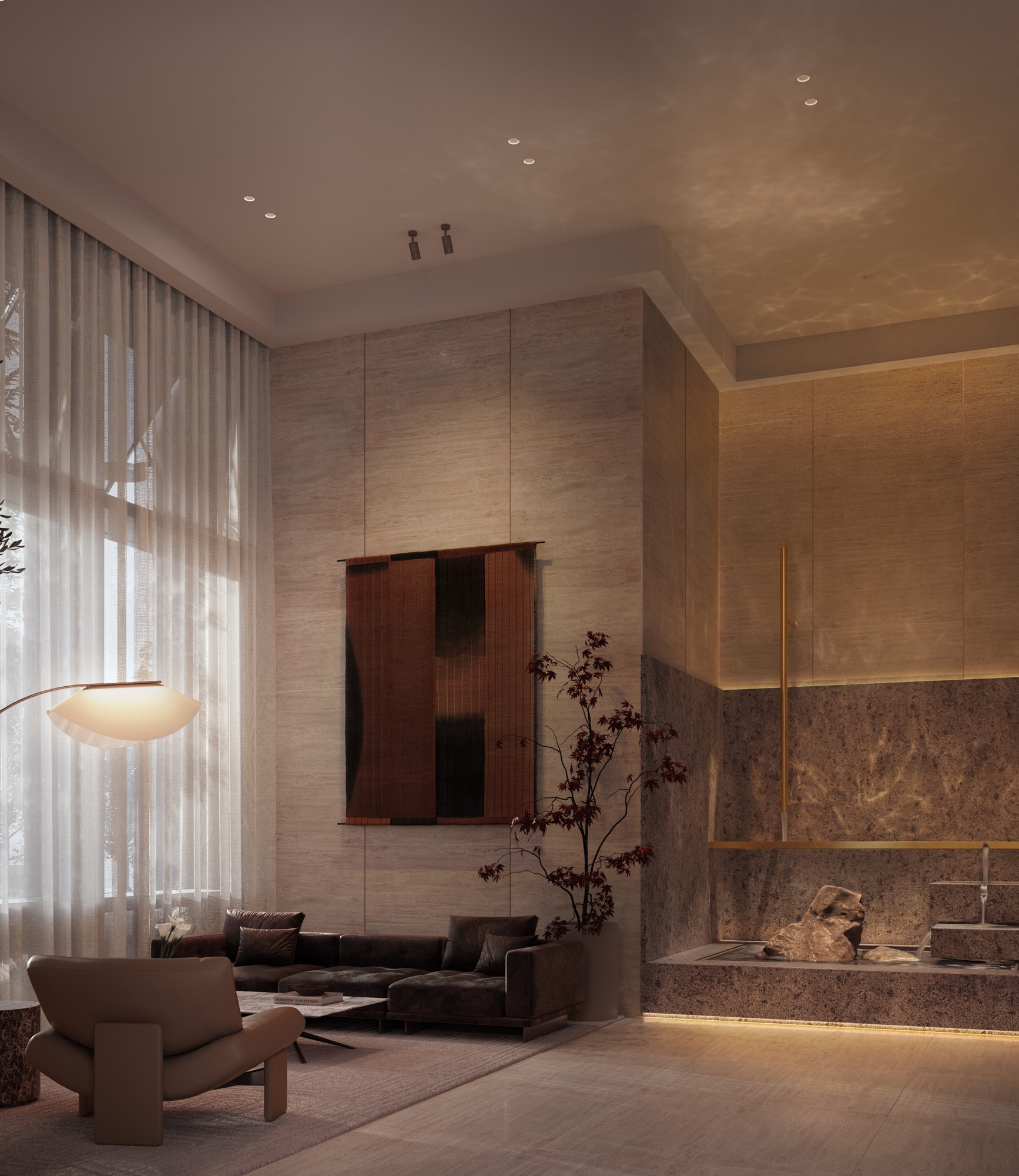 The premium ground-floor lobby with a water feature