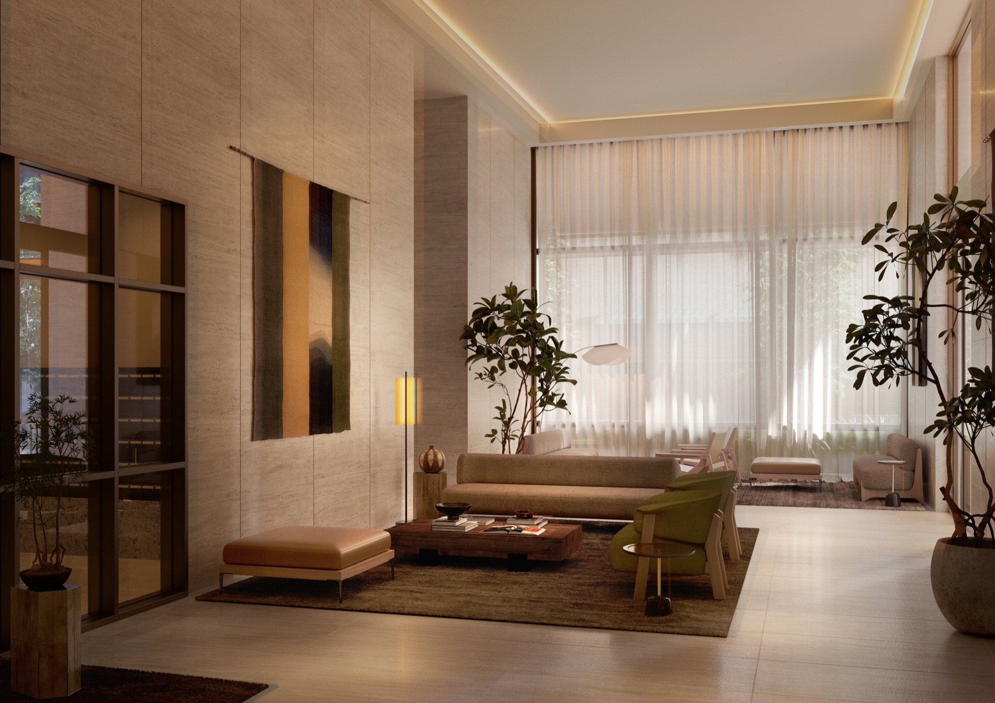 The warm timber residential lobby